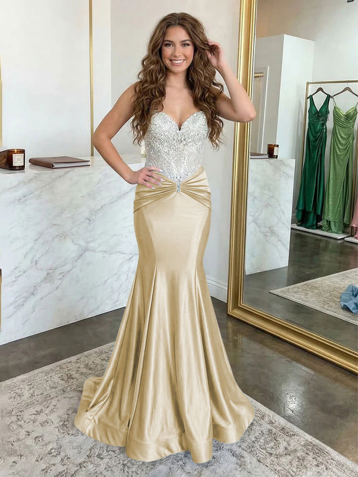 Strapless Lace Appliques Satin Ruched Waist Evening Dresses