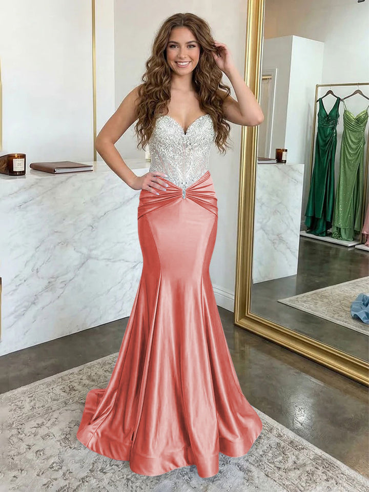 Strapless Lace Appliques Satin Ruched Waist Evening Dresses