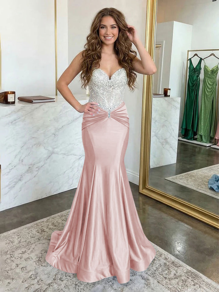 Strapless Lace Appliques Satin Ruched Waist Evening Dresses