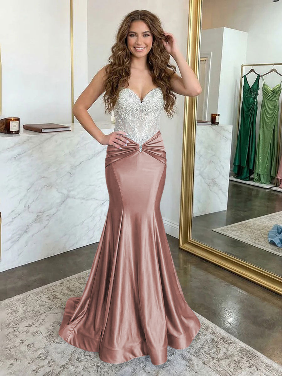 Strapless Lace Appliques Satin Ruched Waist Evening Dresses