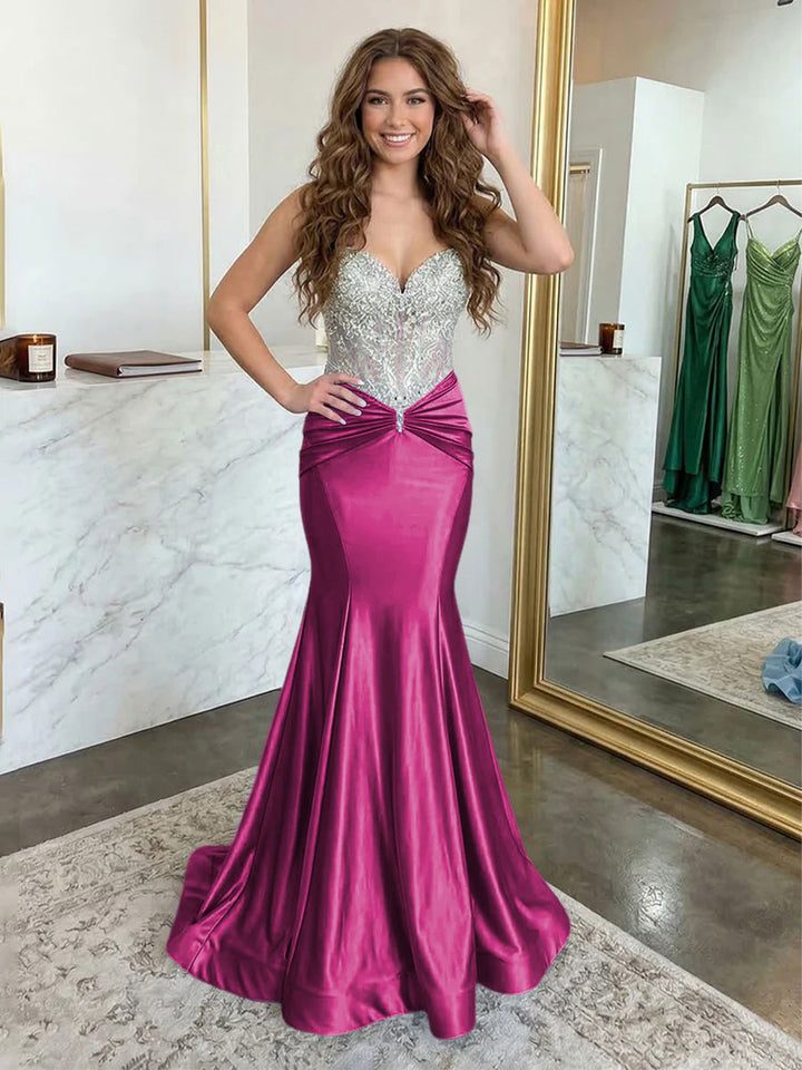 Strapless Lace Appliques Satin Ruched Waist Evening Dresses