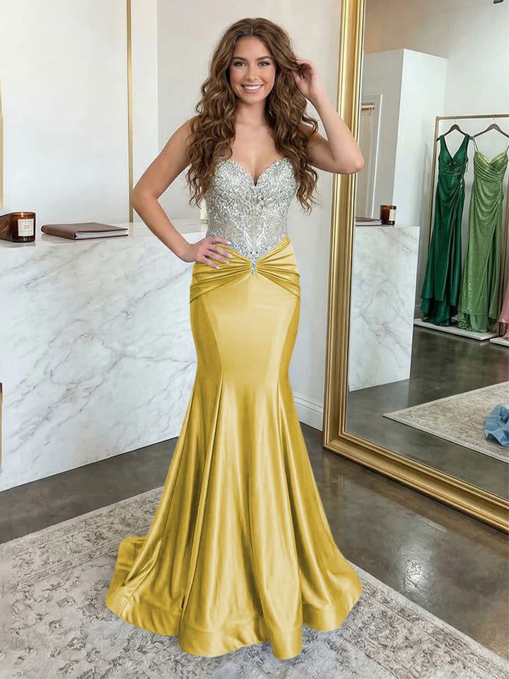 Strapless Lace Appliques Satin Ruched Waist Evening Dresses