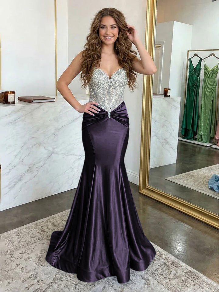 Strapless Lace Appliques Satin Ruched Waist Evening Dresses