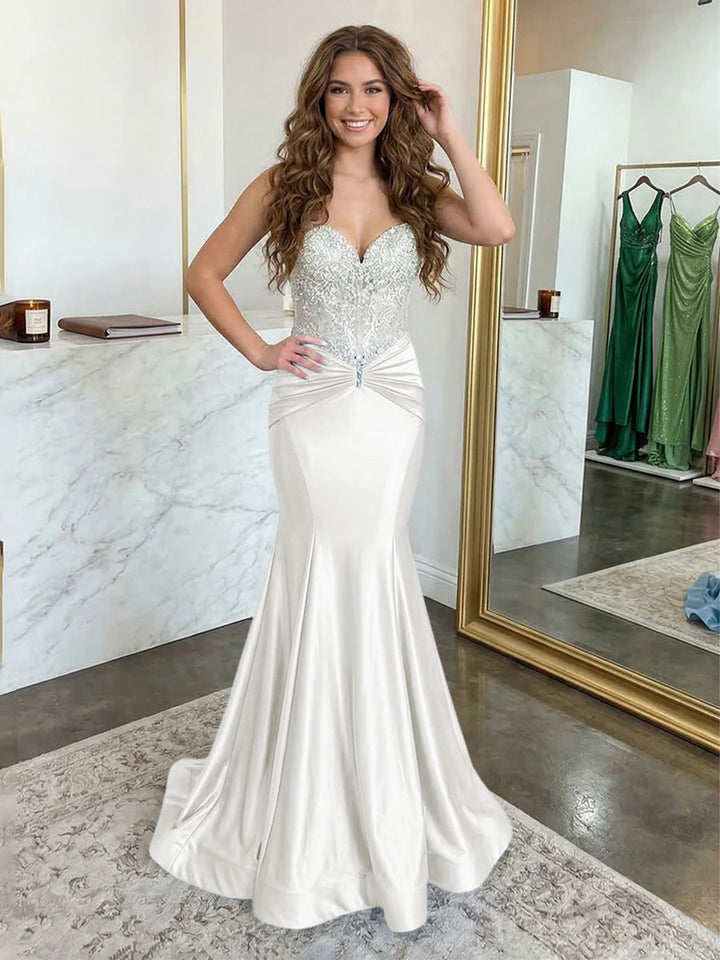 Strapless Lace Appliques Satin Ruched Waist Evening Dresses