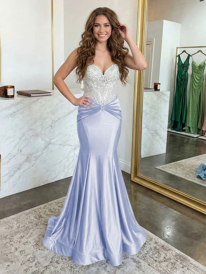 Strapless Lace Appliques Satin Ruched Waist Evening Dresses