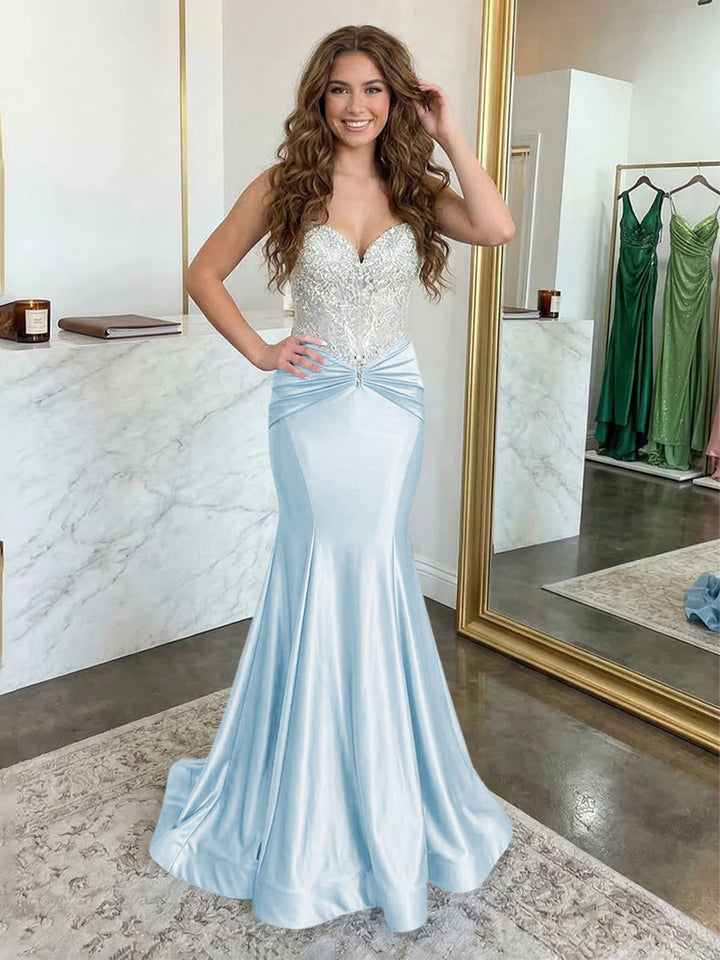Strapless Lace Appliques Satin Ruched Waist Evening Dresses