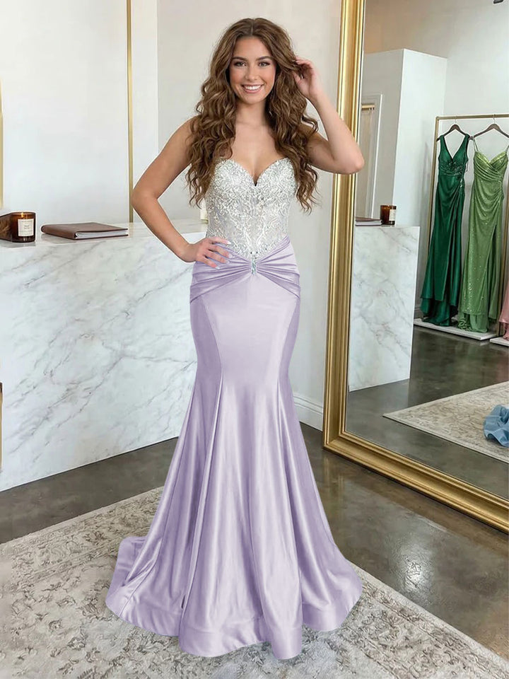 Strapless Lace Appliques Satin Ruched Waist Evening Dresses