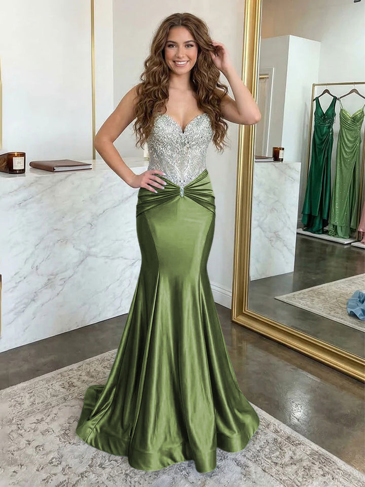 Strapless Lace Appliques Satin Ruched Waist Evening Dresses