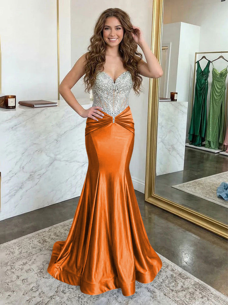 Strapless Lace Appliques Satin Ruched Waist Evening Dresses