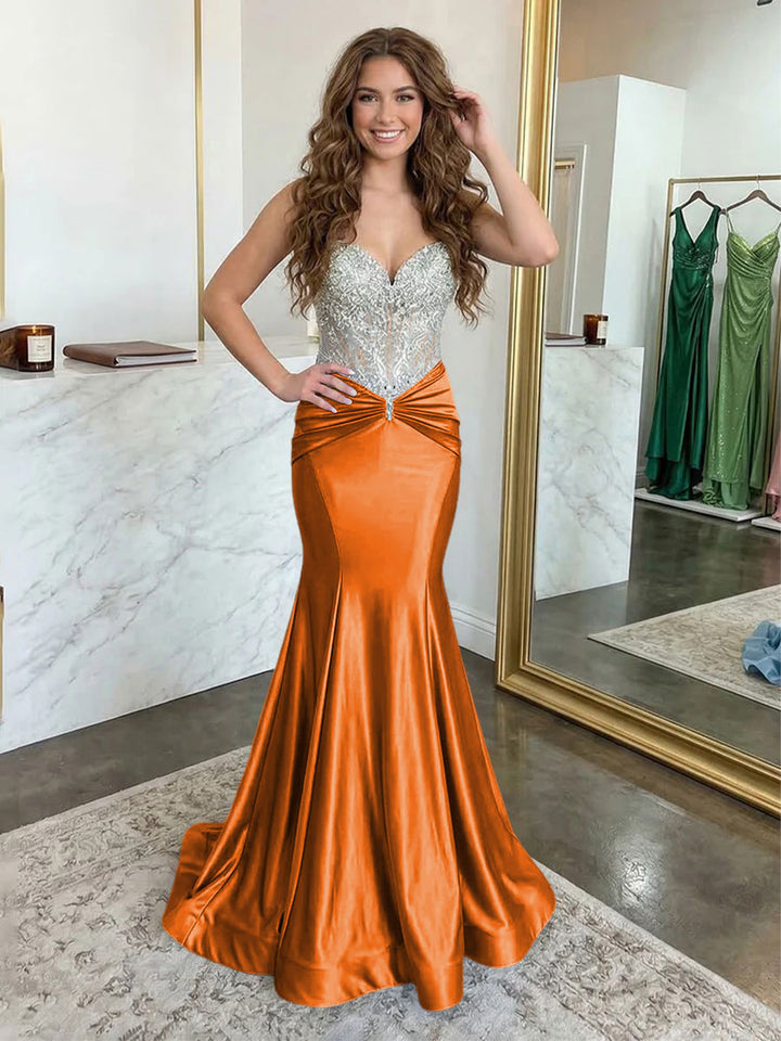 Strapless Lace Appliques Satin Ruched Waist Evening Dresses