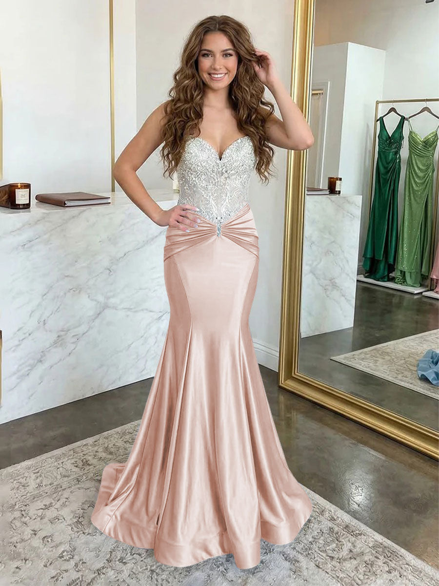 Strapless Lace Appliques Satin Ruched Waist Evening Dresses
