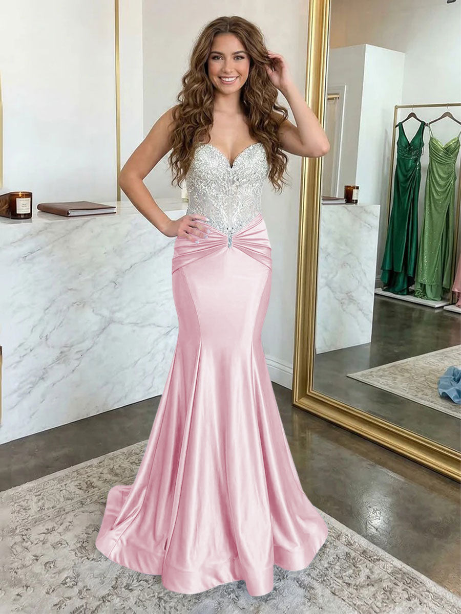 Strapless Lace Appliques Satin Ruched Waist Evening Dresses