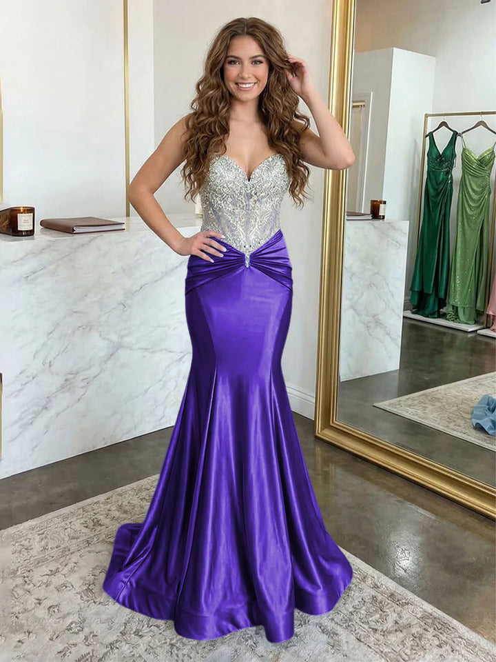 Strapless Lace Appliques Satin Ruched Waist Evening Dresses