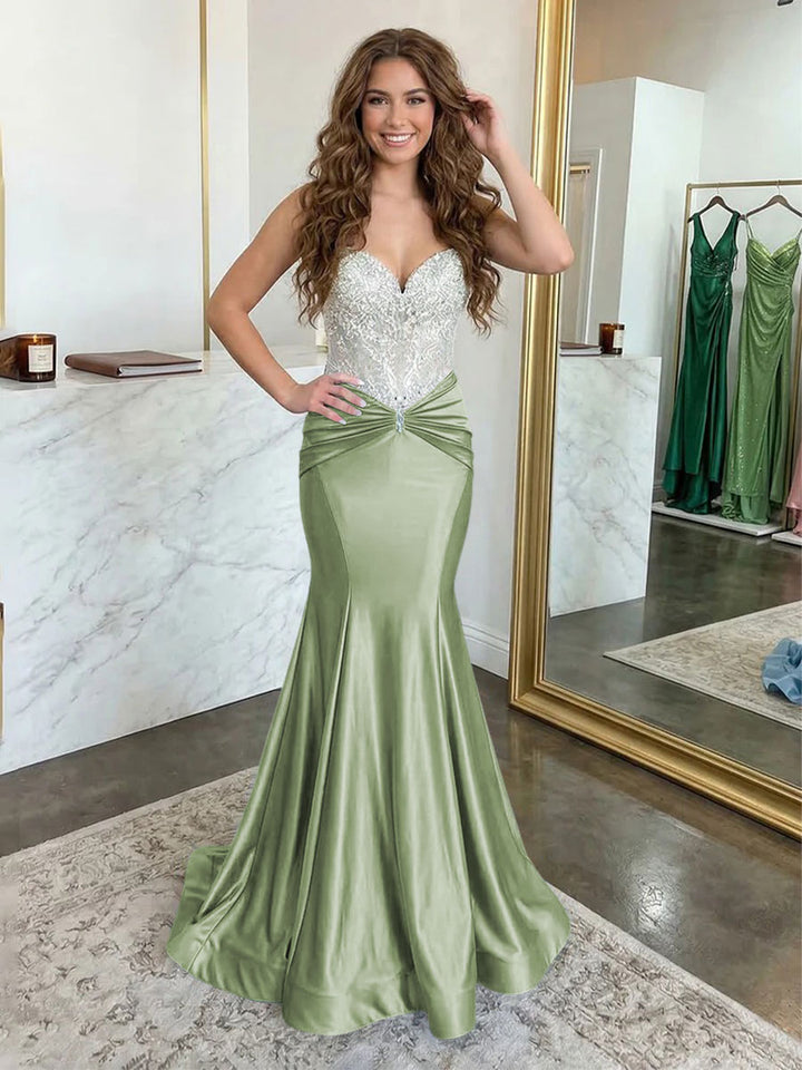 Strapless Lace Appliques Satin Ruched Waist Evening Dresses