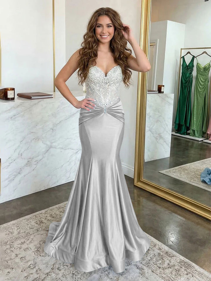 Strapless Lace Appliques Satin Ruched Waist Evening Dresses