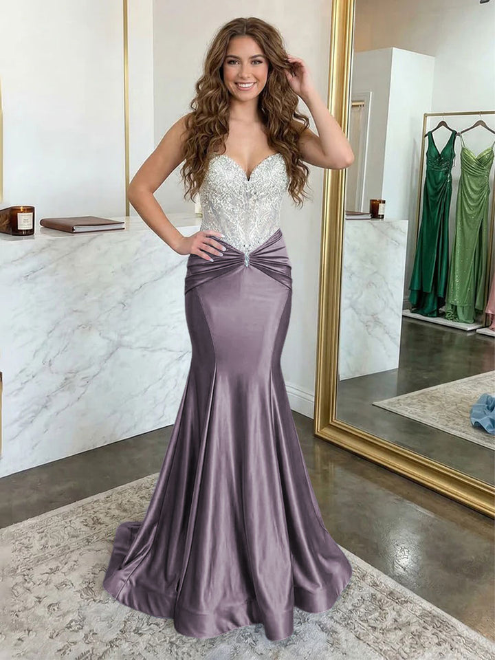 Strapless Lace Appliques Satin Ruched Waist Evening Dresses