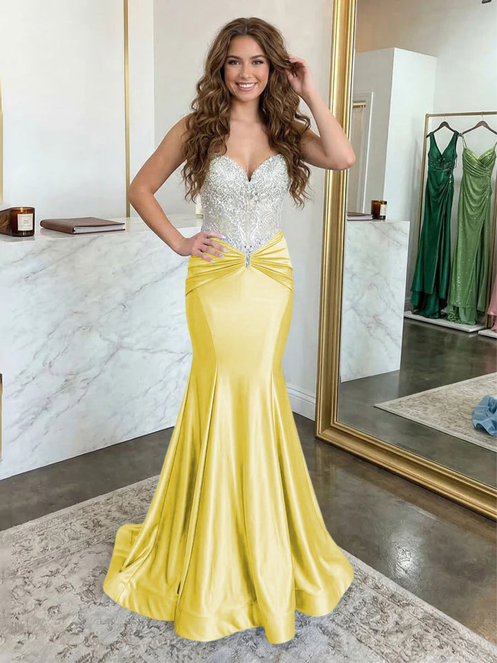 Strapless Lace Appliques Satin Ruched Waist Evening Dresses