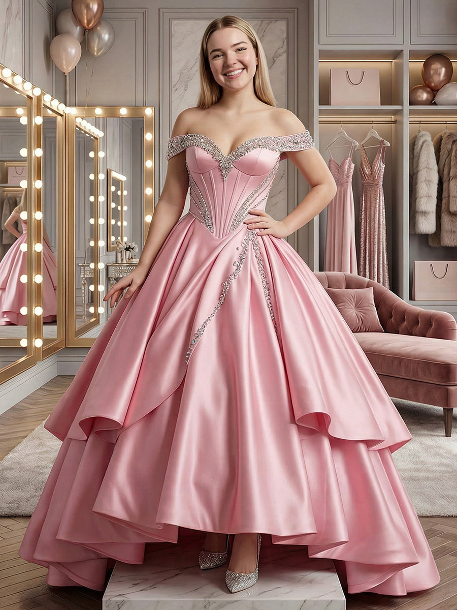 Off Shoulder Satin Corset Prom Dresses Beadings Evening Gown