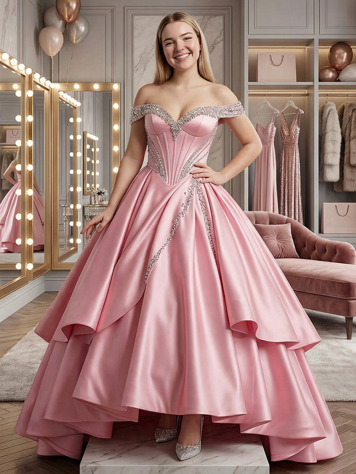 Off Shoulder Satin Corset Prom Dresses Beadings Evening Gown