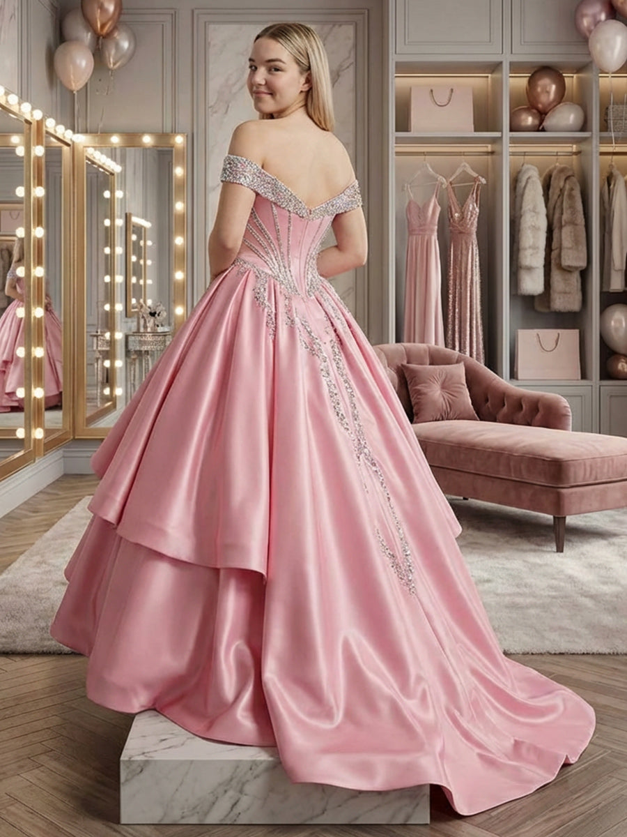 Off Shoulder Satin Corset Prom Dresses Beadings Evening Gown