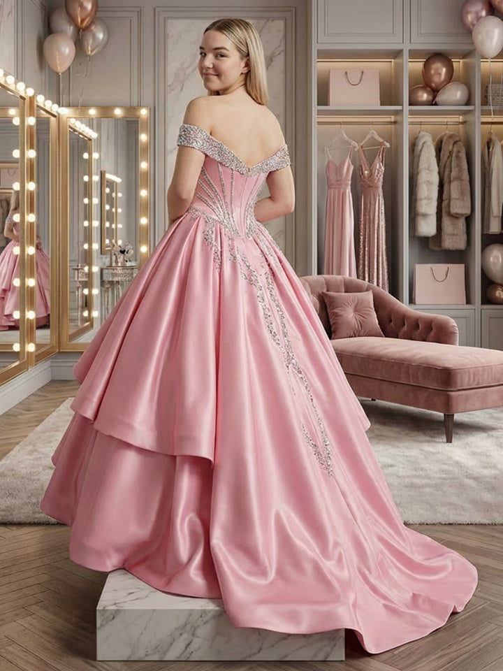 Off Shoulder Satin Corset Prom Dresses Beadings Evening Gown
