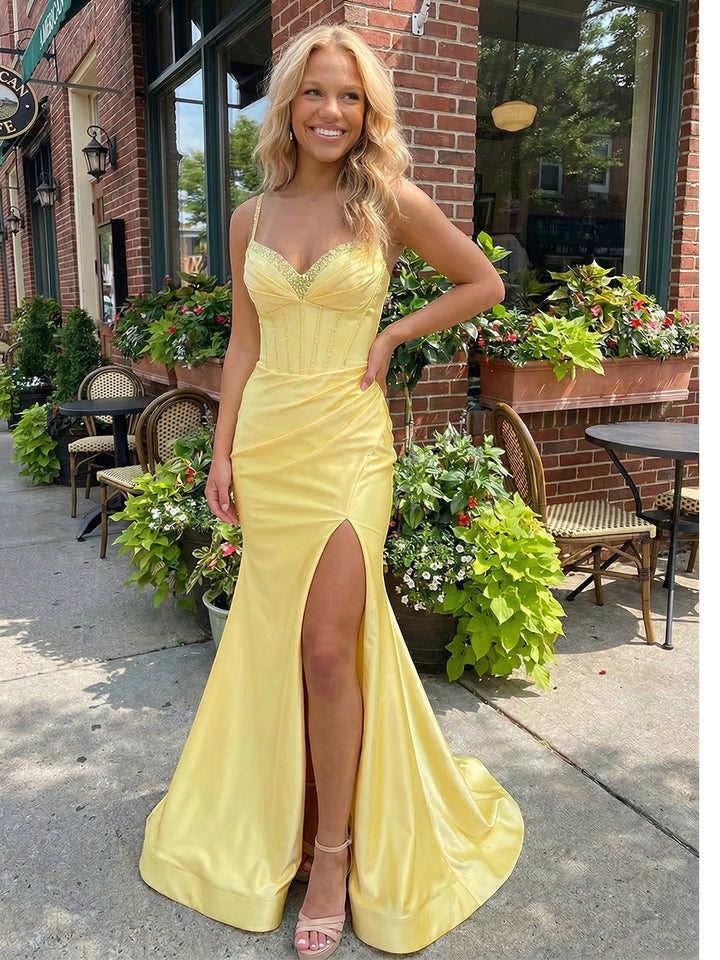 Spaghetti Straps Satin A Line Corset Pleated Sequin Prom Dresses with Slit