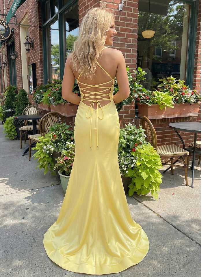 Spaghetti Straps Satin A Line Corset Pleated Sequin Prom Dresses with Slit