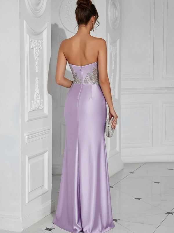 Satin Sweetheart Pleated Lace Appliques Formal Dresses with Slit