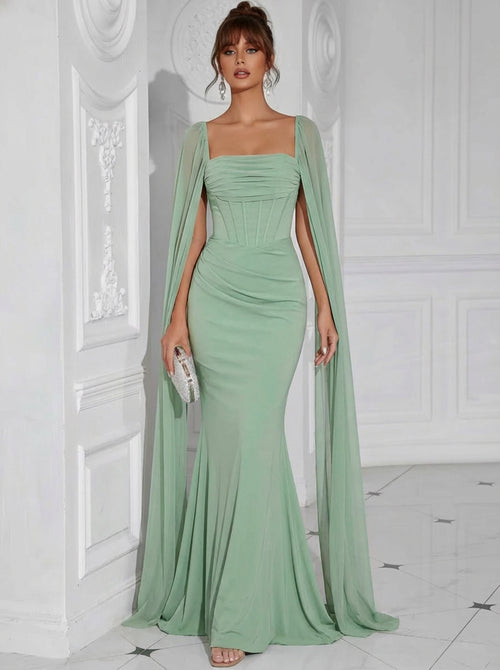 Chiffon Square Neck Pleated Ruffles Formal Dresses with Slit