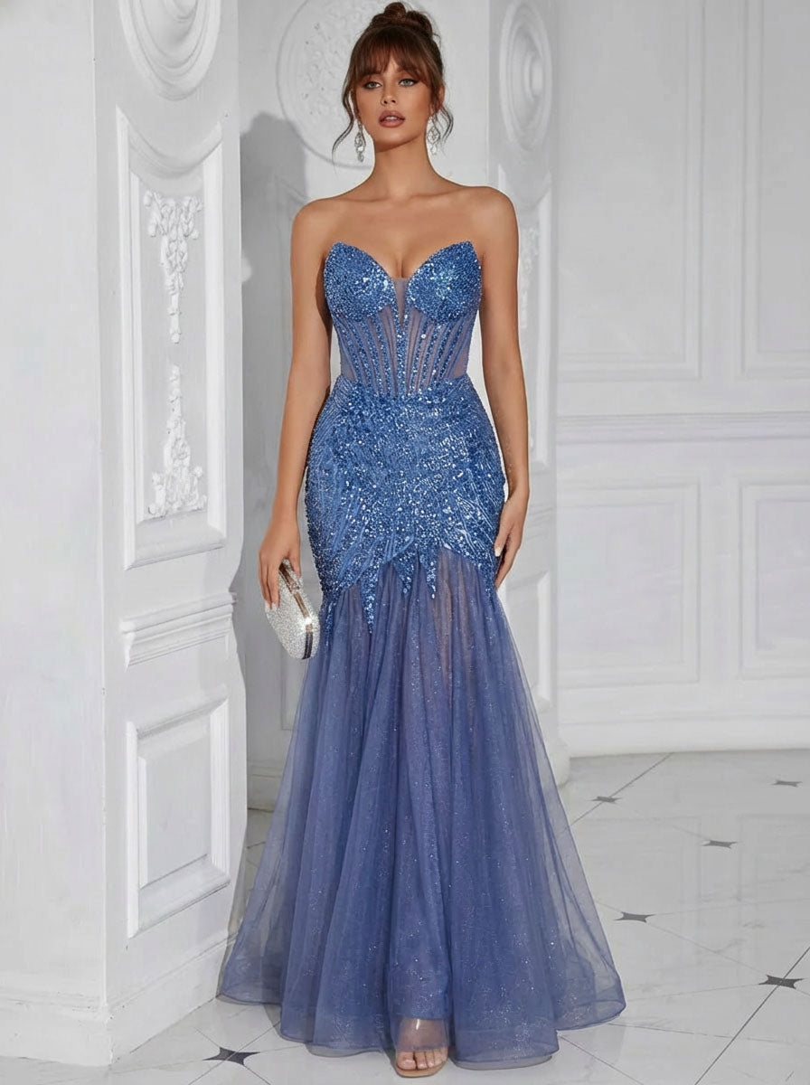 Sweetheart Corset Pleated Ruffles Tulle Evening Dresses