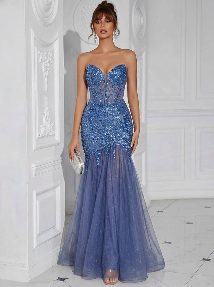 Sweetheart Corset Pleated Ruffles Tulle Evening Dresses