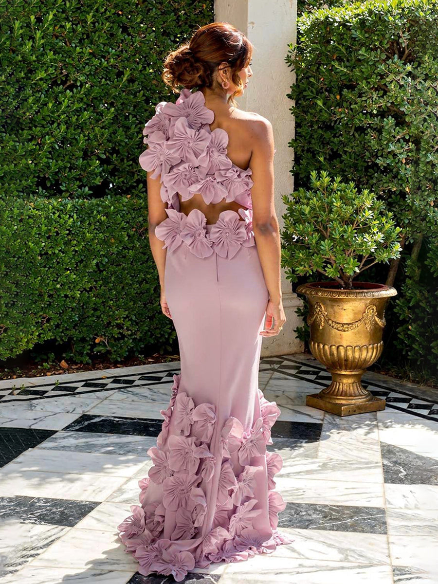 3D Flower One Shoulder Wedding Guest Dresses Maxi Formal Gowns