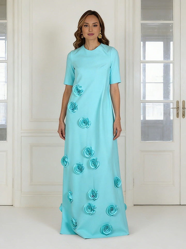 3D Flower Short Sleeves Wedding Guest Dresses Maxi Formal Gowns