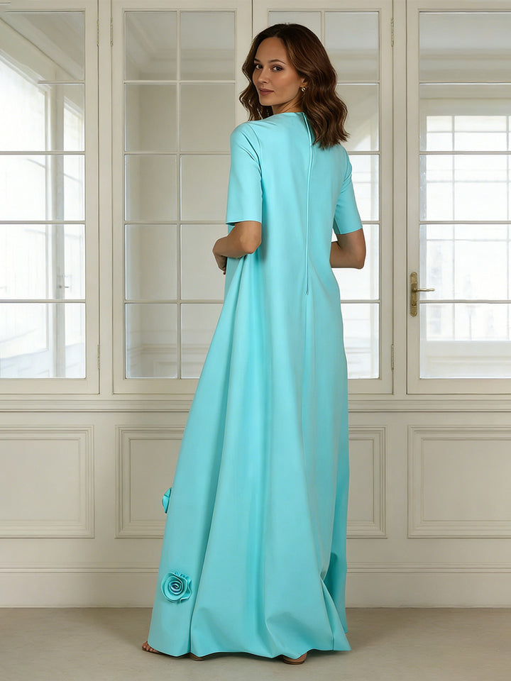 3D Flower Short Sleeves Wedding Guest Dresses Maxi Formal Gowns