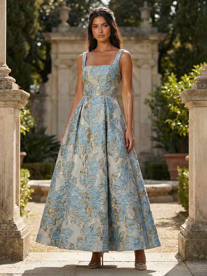 Jacquard Square Neck A Line Floral Fitted Waist Evening Dresses