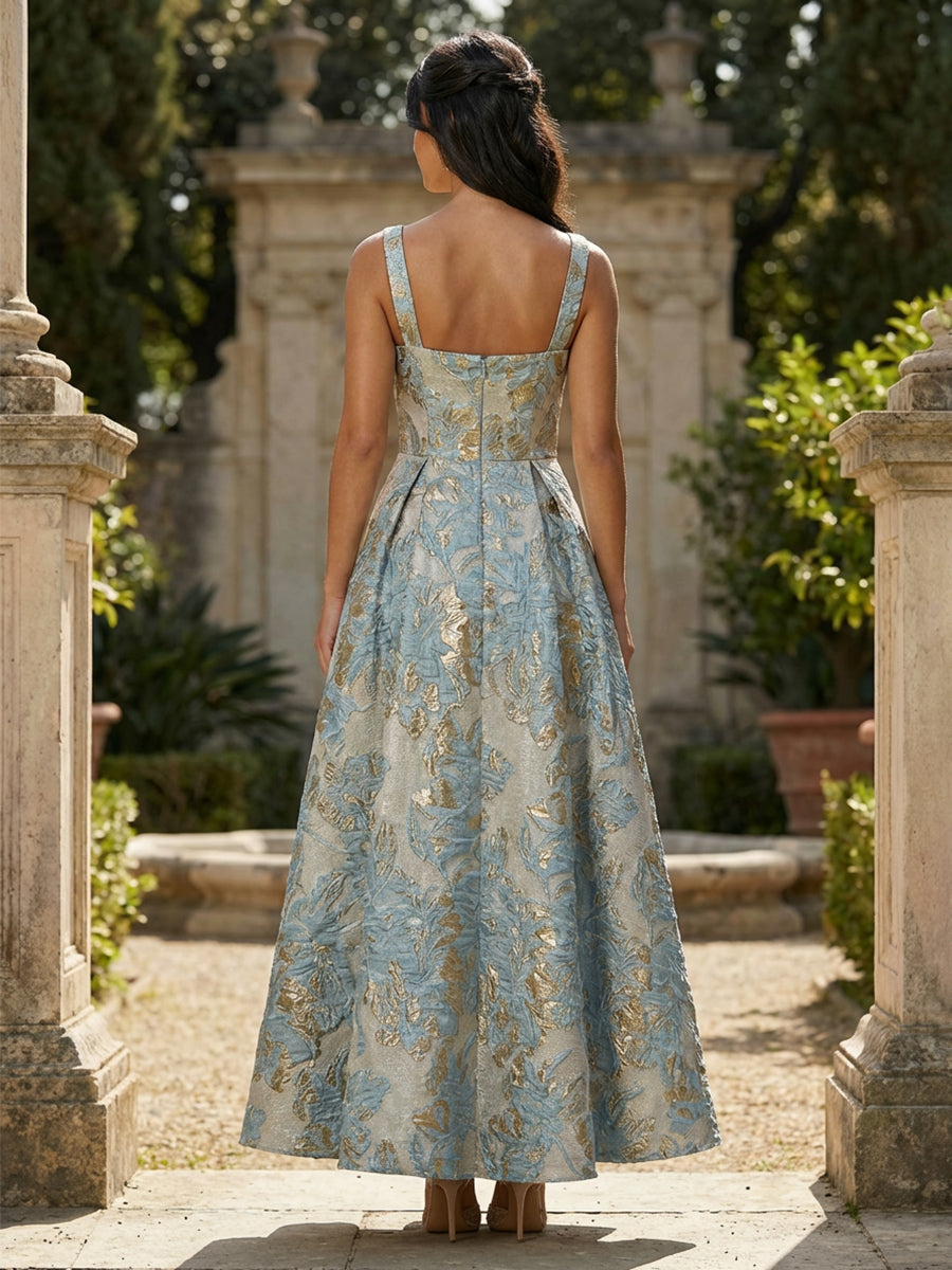 Jacquard Square Neck A Line Floral Fitted Waist Evening Dresses
