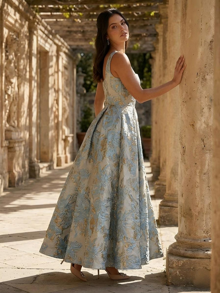 Jacquard Square Neck A Line Floral Fitted Waist Evening Dresses