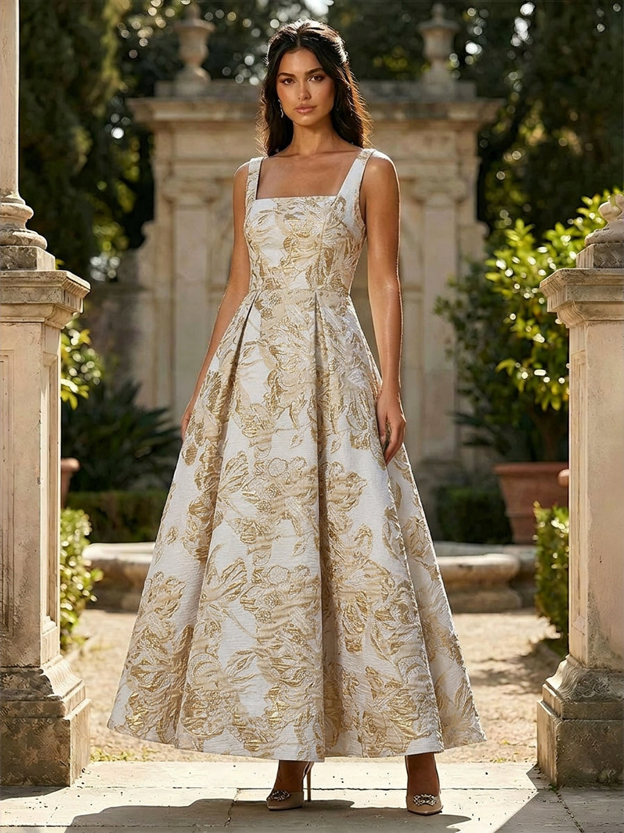 Jacquard Square Neck A Line Floral Fitted Waist Evening Dresses