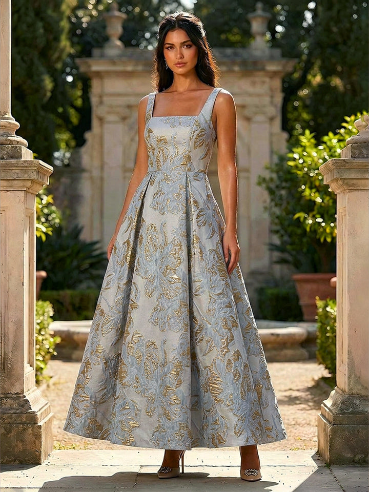 Jacquard Square Neck A Line Floral Fitted Waist Evening Dresses