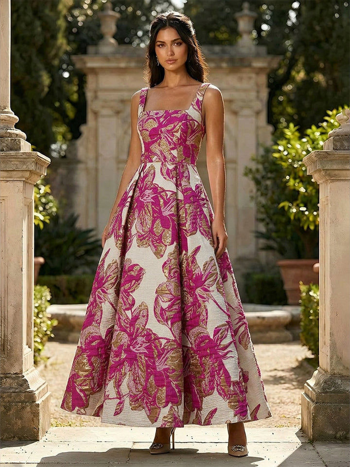 Jacquard Square Neck A Line Floral Fitted Waist Evening Dresses