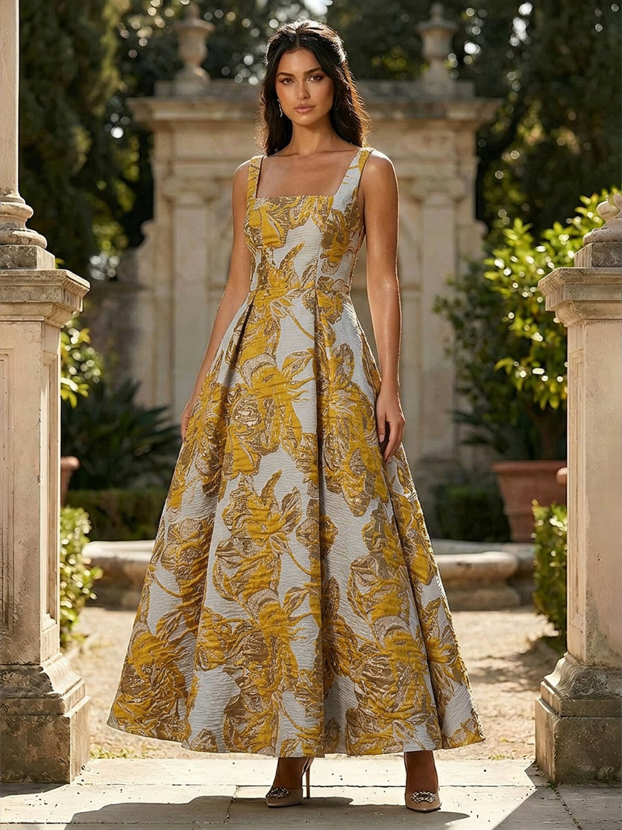 Jacquard Square Neck A Line Floral Fitted Waist Evening Dresses