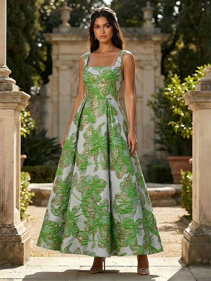 Jacquard Square Neck A Line Floral Fitted Waist Evening Dresses