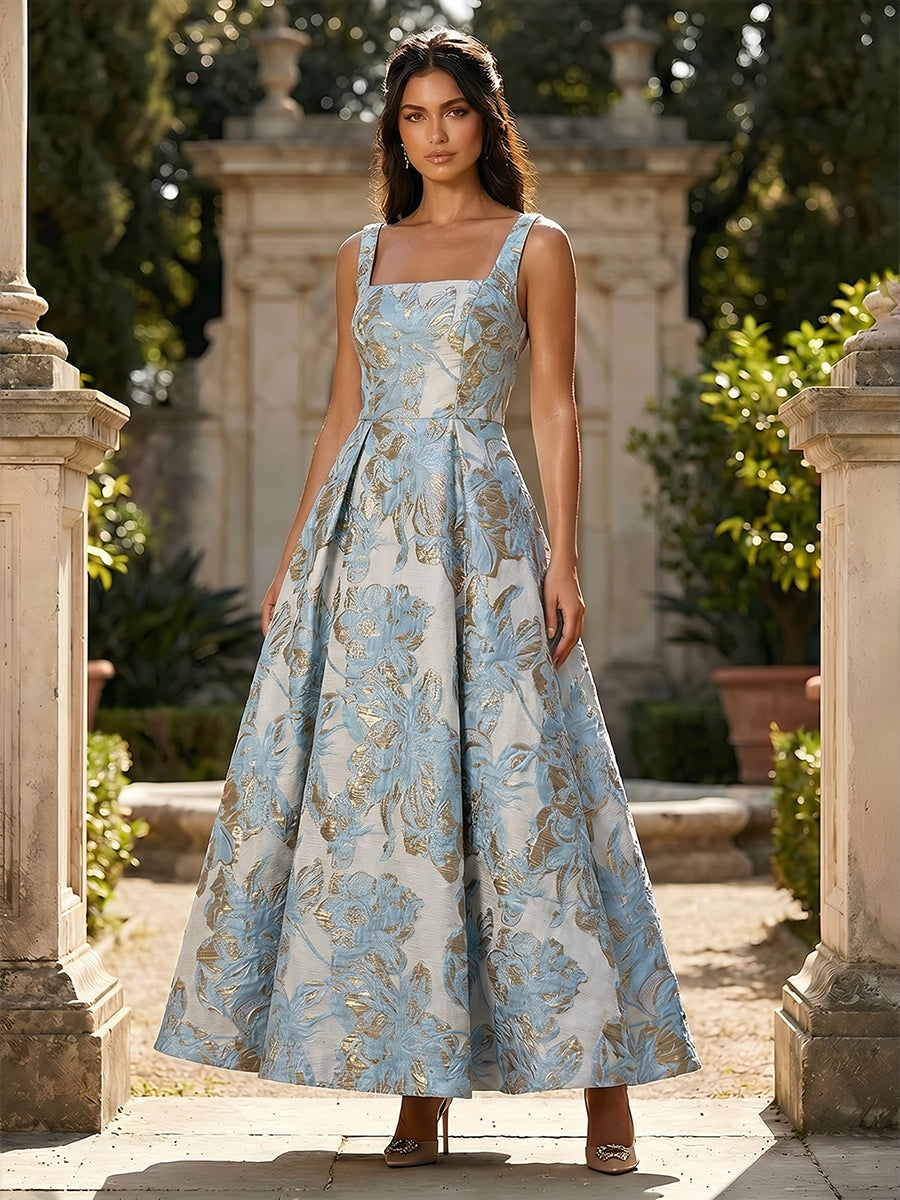 Jacquard Square Neck A Line Floral Fitted Waist Evening Dresses