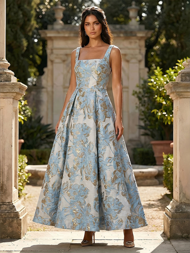 Jacquard Square Neck A Line Floral Fitted Waist Evening Dresses