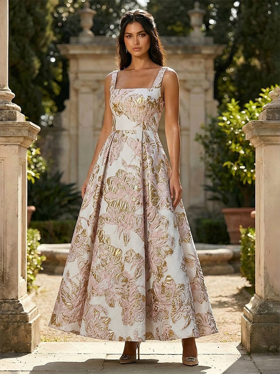 Jacquard Square Neck A Line Floral Fitted Waist Evening Dresses