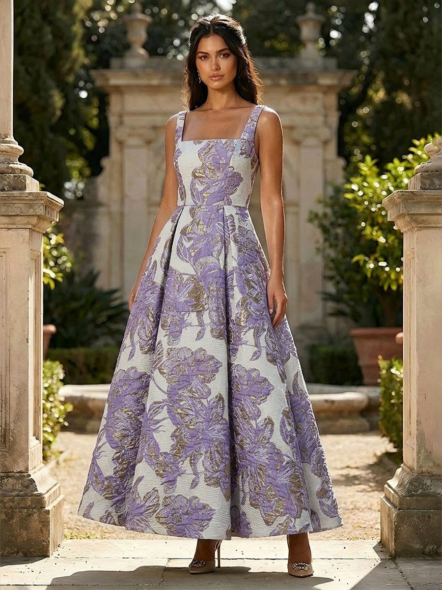 Jacquard Square Neck A Line Floral Fitted Waist Evening Dresses