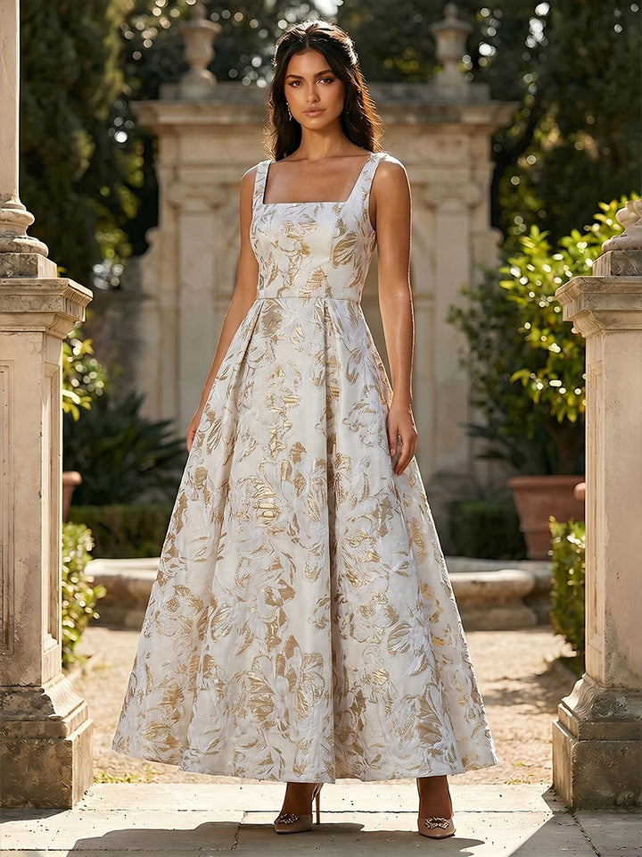 Jacquard Square Neck A Line Floral Fitted Waist Evening Dresses