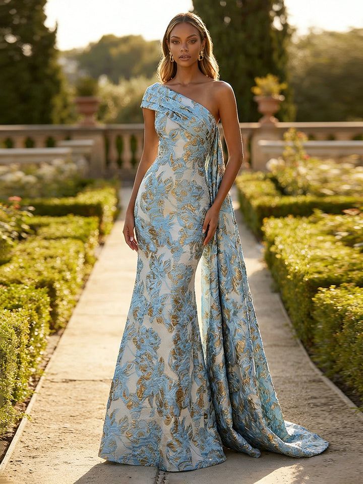 Jacquard One Shoulder Mermaid Ruffles Floral Pleated Evening Dresses