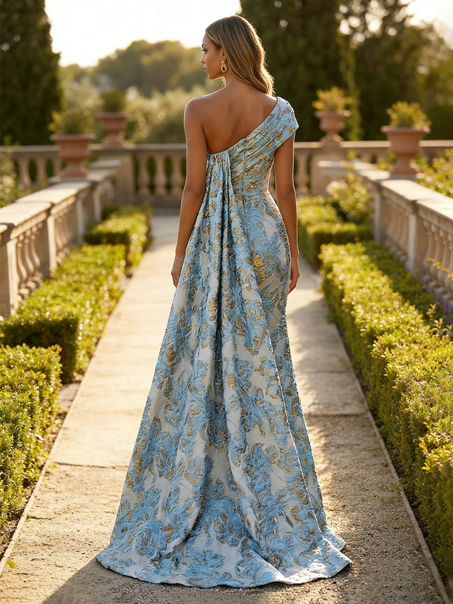 Jacquard One Shoulder Mermaid Ruffles Floral Pleated Evening Dresses