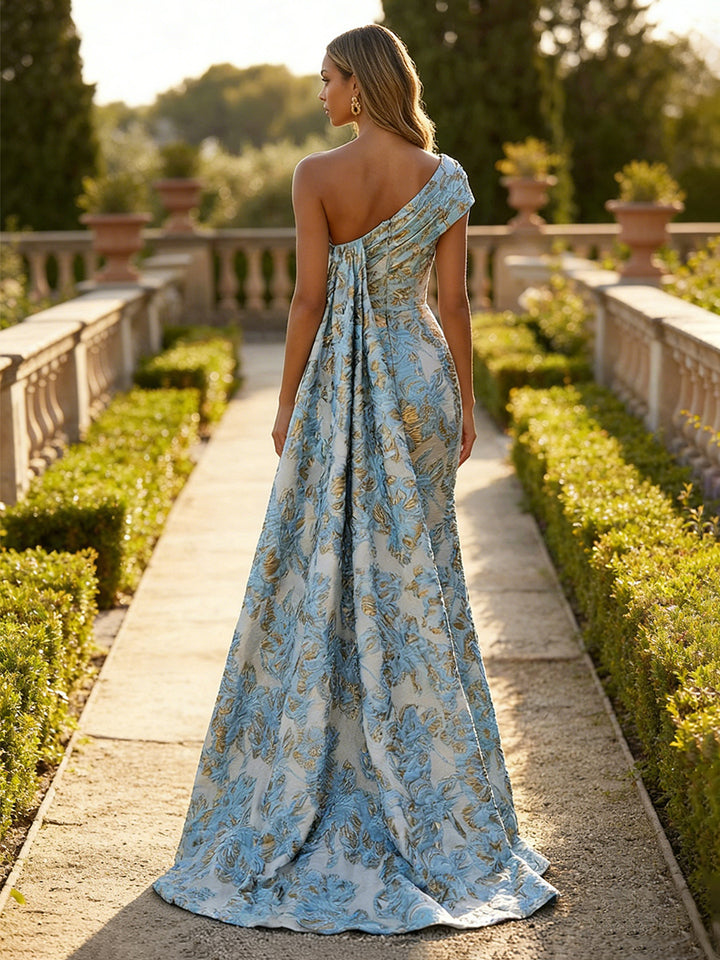 Jacquard One Shoulder Mermaid Ruffles Floral Pleated Evening Dresses